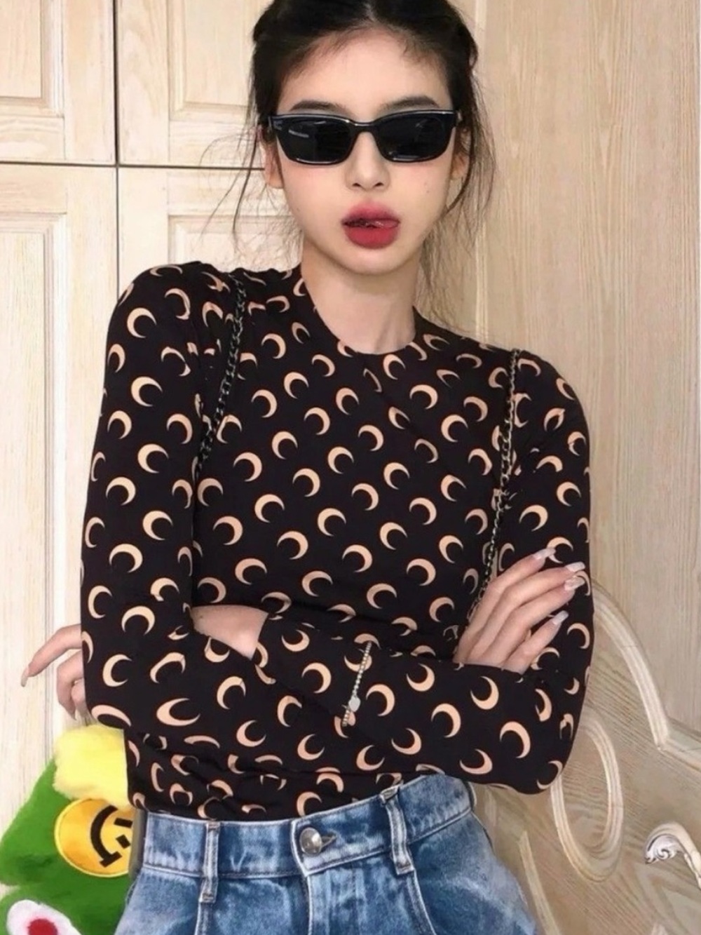 MARINE SERRE crescent moon print jersey top